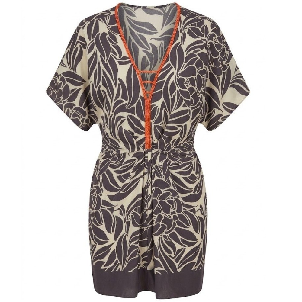 Leifnotes Anthropologie Gray Floral Beaded V-Neck Mini Dress Tunic Size 10